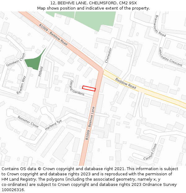 12, BEEHIVE LANE, CHELMSFORD, CM2 9SX: Location map and indicative extent of plot