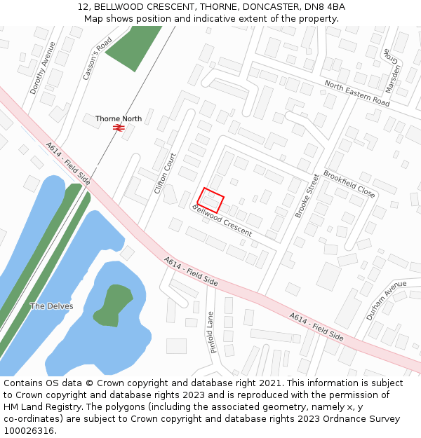 12, BELLWOOD CRESCENT, THORNE, DONCASTER, DN8 4BA: Location map and indicative extent of plot