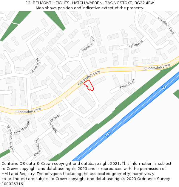 12, BELMONT HEIGHTS, HATCH WARREN, BASINGSTOKE, RG22 4RW: Location map and indicative extent of plot