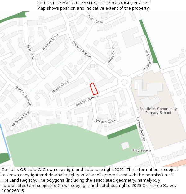 12, BENTLEY AVENUE, YAXLEY, PETERBOROUGH, PE7 3ZT: Location map and indicative extent of plot
