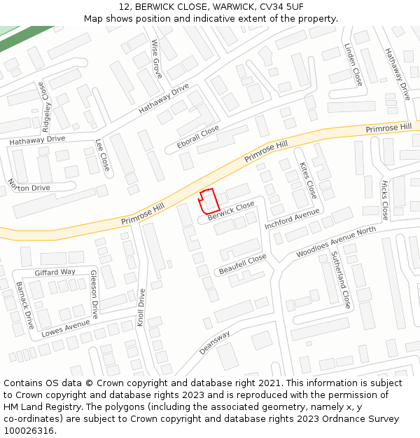 12, BERWICK CLOSE, WARWICK, CV34 5UF: Location map and indicative extent of plot