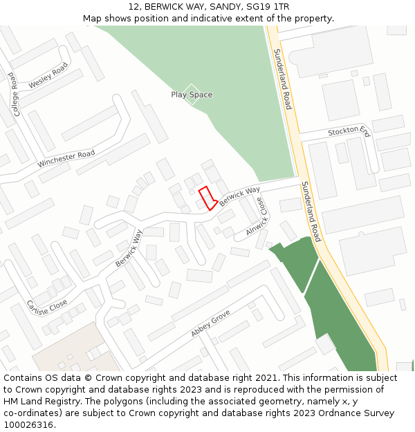 12, BERWICK WAY, SANDY, SG19 1TR: Location map and indicative extent of plot