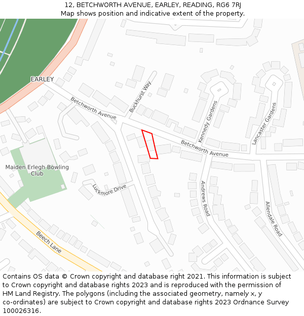 12, BETCHWORTH AVENUE, EARLEY, READING, RG6 7RJ: Location map and indicative extent of plot