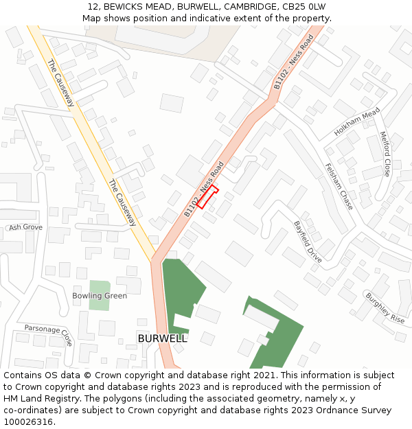 12, BEWICKS MEAD, BURWELL, CAMBRIDGE, CB25 0LW: Location map and indicative extent of plot