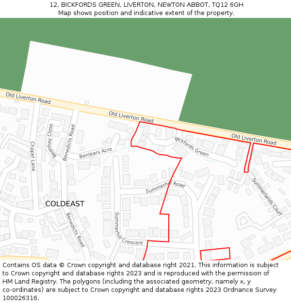 12, BICKFORDS GREEN, LIVERTON, NEWTON ABBOT, TQ12 6GH: Location map and indicative extent of plot