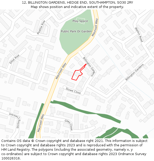 12, BILLINGTON GARDENS, HEDGE END, SOUTHAMPTON, SO30 2RY: Location map and indicative extent of plot