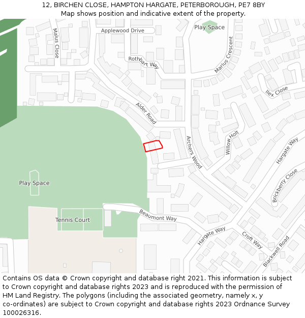 12, BIRCHEN CLOSE, HAMPTON HARGATE, PETERBOROUGH, PE7 8BY: Location map and indicative extent of plot