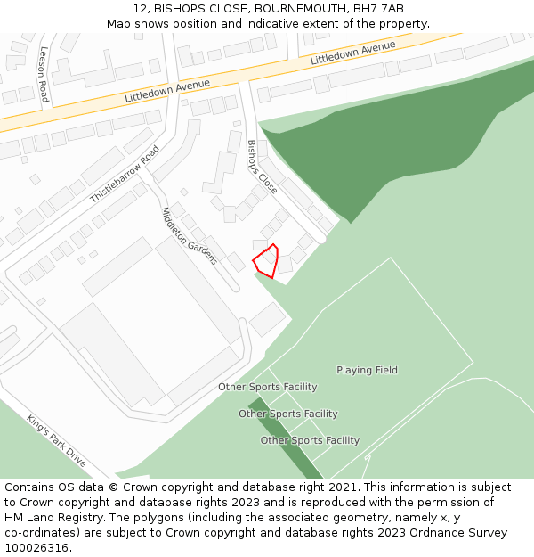 12, BISHOPS CLOSE, BOURNEMOUTH, BH7 7AB: Location map and indicative extent of plot