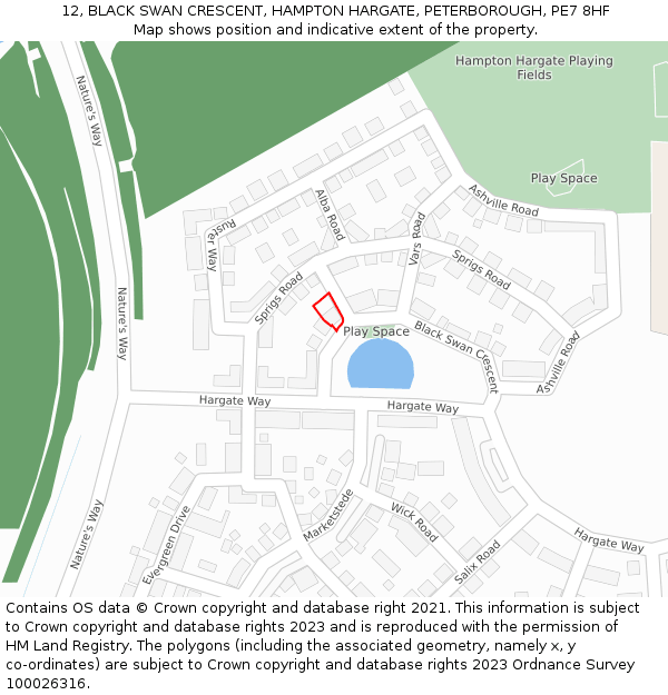 12, BLACK SWAN CRESCENT, HAMPTON HARGATE, PETERBOROUGH, PE7 8HF: Location map and indicative extent of plot