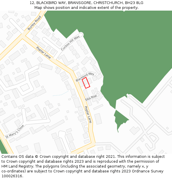 12, BLACKBIRD WAY, BRANSGORE, CHRISTCHURCH, BH23 8LG: Location map and indicative extent of plot