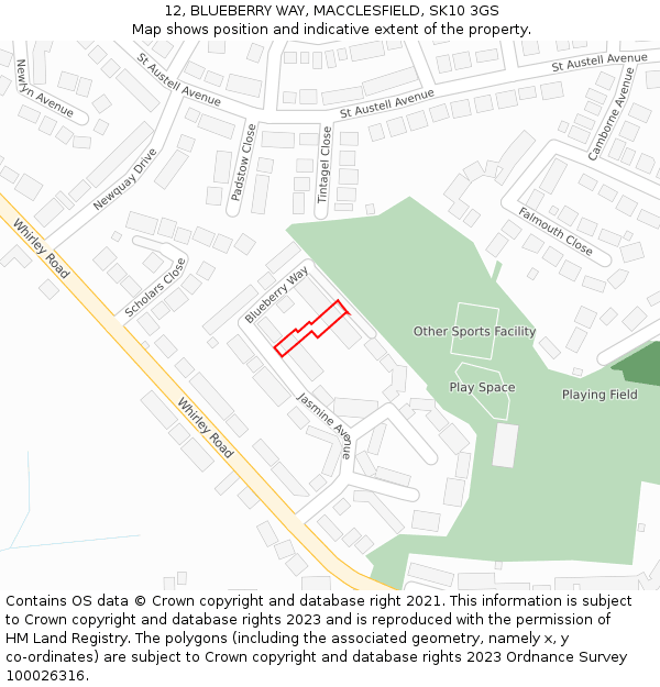 12, BLUEBERRY WAY, MACCLESFIELD, SK10 3GS: Location map and indicative extent of plot