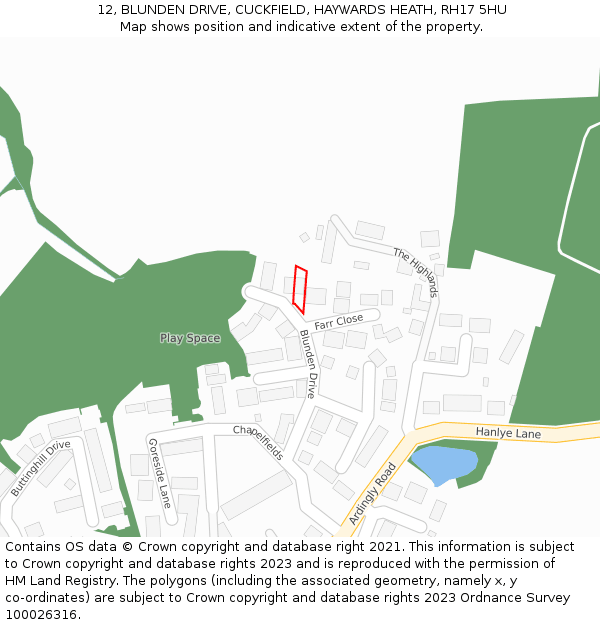 12, BLUNDEN DRIVE, CUCKFIELD, HAYWARDS HEATH, RH17 5HU: Location map and indicative extent of plot