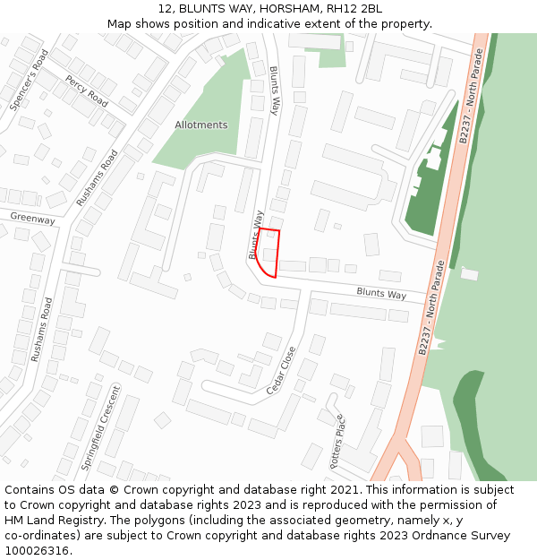 12, BLUNTS WAY, HORSHAM, RH12 2BL: Location map and indicative extent of plot