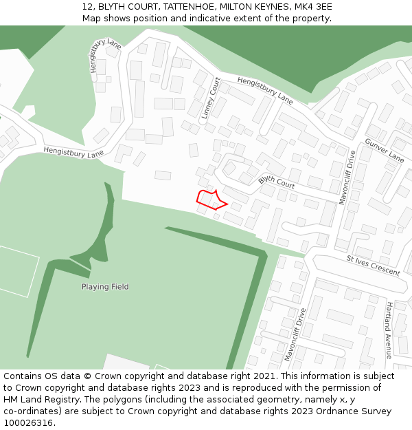 12, BLYTH COURT, TATTENHOE, MILTON KEYNES, MK4 3EE: Location map and indicative extent of plot
