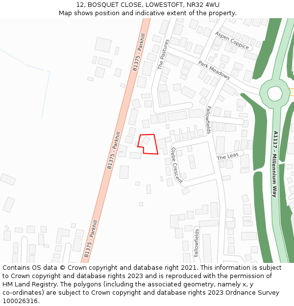 12, BOSQUET CLOSE, LOWESTOFT, NR32 4WU: Location map and indicative extent of plot