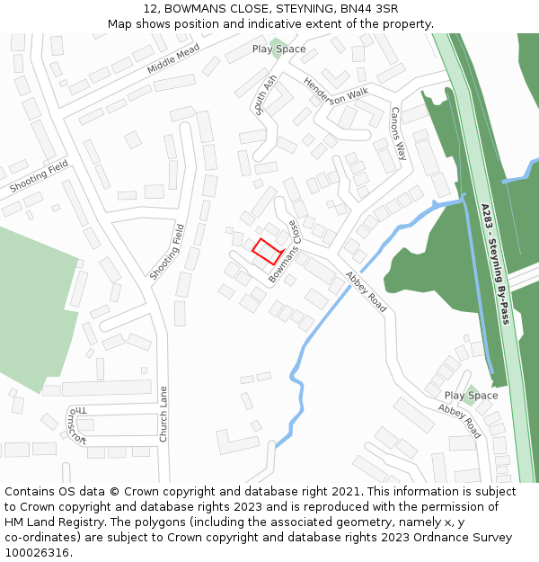 12, BOWMANS CLOSE, STEYNING, BN44 3SR: Location map and indicative extent of plot
