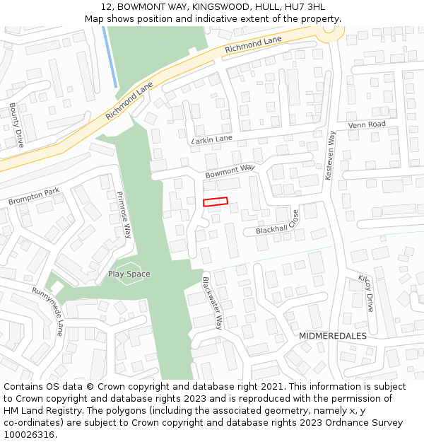 12, BOWMONT WAY, KINGSWOOD, HULL, HU7 3HL: Location map and indicative extent of plot