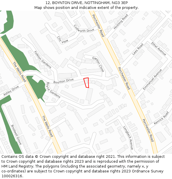 12, BOYNTON DRIVE, NOTTINGHAM, NG3 3EP: Location map and indicative extent of plot