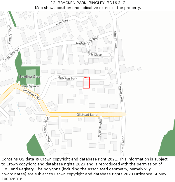 12, BRACKEN PARK, BINGLEY, BD16 3LG: Location map and indicative extent of plot
