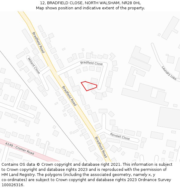 12, BRADFIELD CLOSE, NORTH WALSHAM, NR28 0HL: Location map and indicative extent of plot