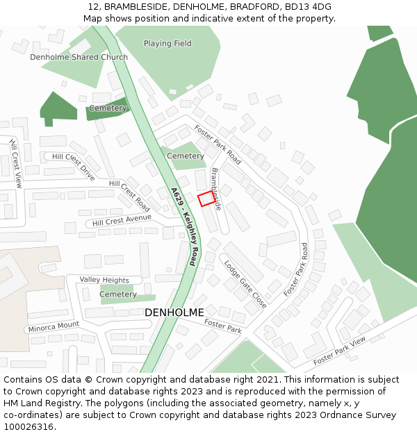 12, BRAMBLESIDE, DENHOLME, BRADFORD, BD13 4DG: Location map and indicative extent of plot