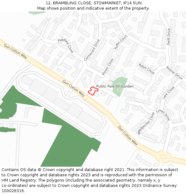 12, BRAMBLING CLOSE, STOWMARKET, IP14 5UN: Location map and indicative extent of plot