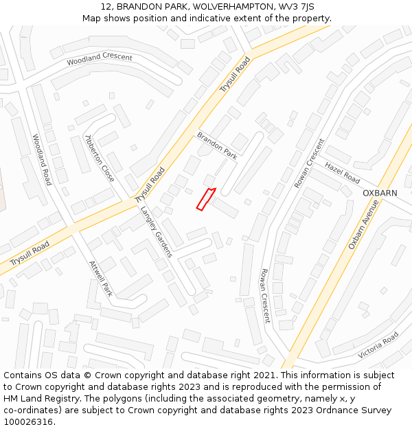 12, BRANDON PARK, WOLVERHAMPTON, WV3 7JS: Location map and indicative extent of plot