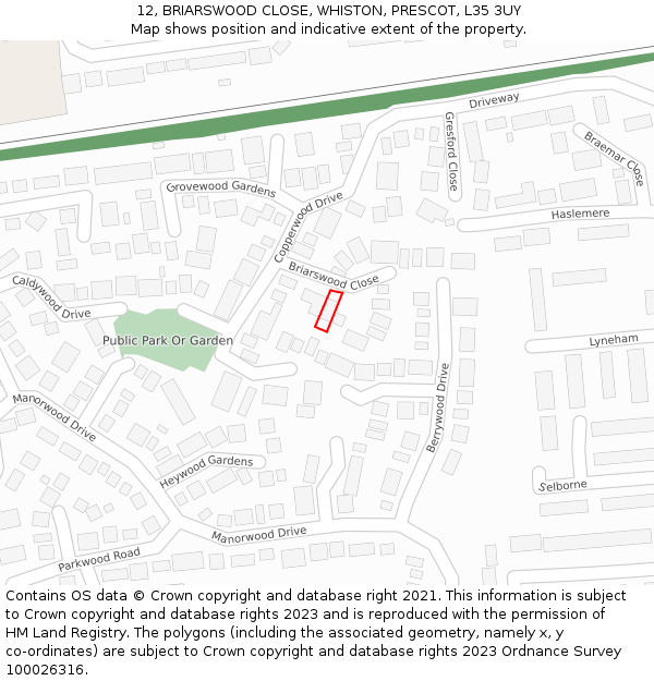 12, BRIARSWOOD CLOSE, WHISTON, PRESCOT, L35 3UY: Location map and indicative extent of plot