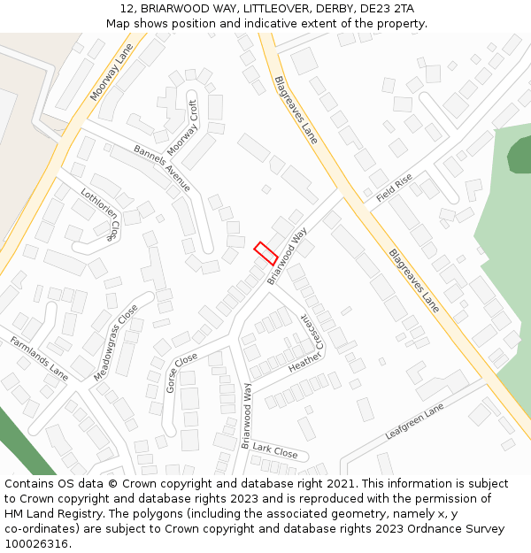 12, BRIARWOOD WAY, LITTLEOVER, DERBY, DE23 2TA: Location map and indicative extent of plot