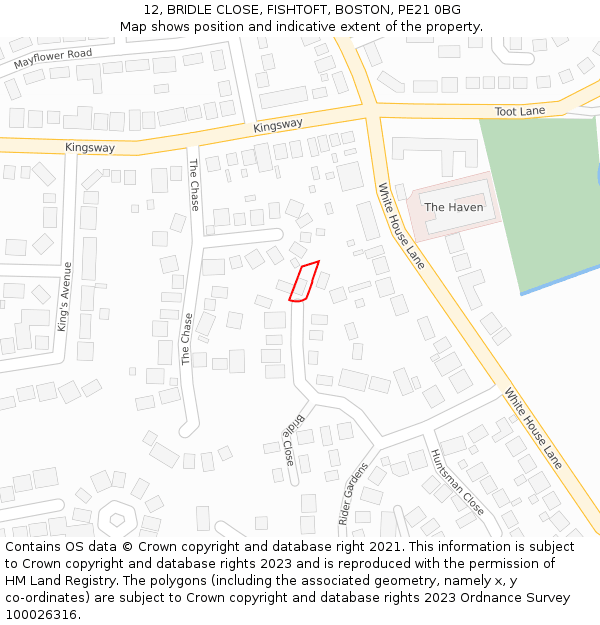 12, BRIDLE CLOSE, FISHTOFT, BOSTON, PE21 0BG: Location map and indicative extent of plot