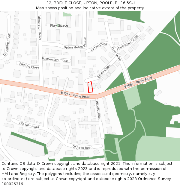 12, BRIDLE CLOSE, UPTON, POOLE, BH16 5SU: Location map and indicative extent of plot