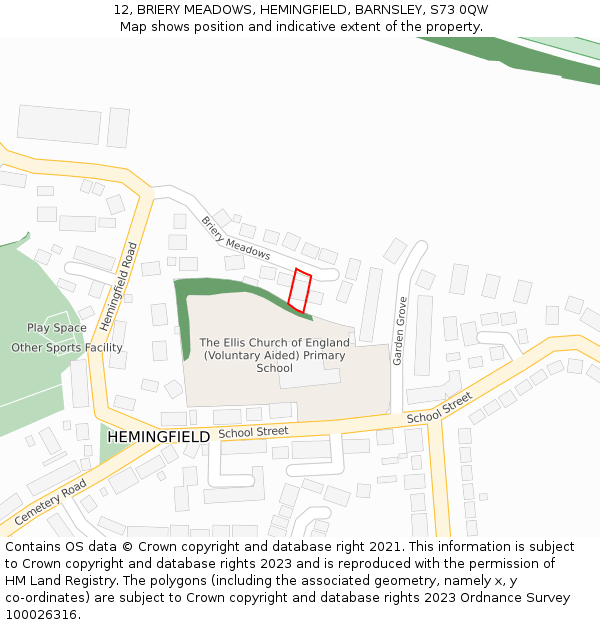 12, BRIERY MEADOWS, HEMINGFIELD, BARNSLEY, S73 0QW: Location map and indicative extent of plot