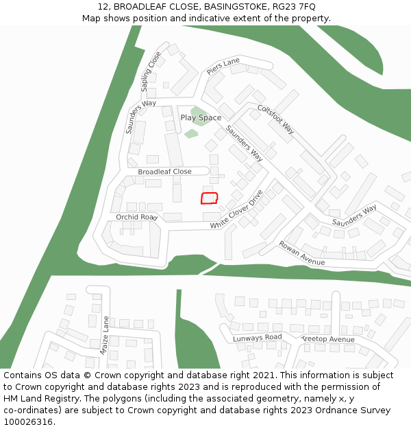 12, BROADLEAF CLOSE, BASINGSTOKE, RG23 7FQ: Location map and indicative extent of plot