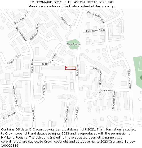 12, BROMYARD DRIVE, CHELLASTON, DERBY, DE73 6PF: Location map and indicative extent of plot