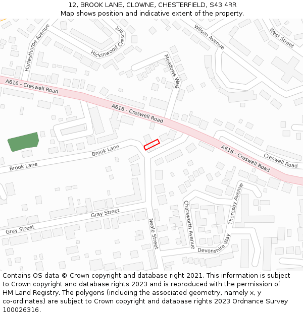 12, BROOK LANE, CLOWNE, CHESTERFIELD, S43 4RR: Location map and indicative extent of plot