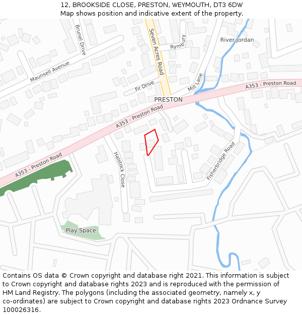 12, BROOKSIDE CLOSE, PRESTON, WEYMOUTH, DT3 6DW: Location map and indicative extent of plot