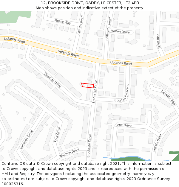 12, BROOKSIDE DRIVE, OADBY, LEICESTER, LE2 4PB: Location map and indicative extent of plot