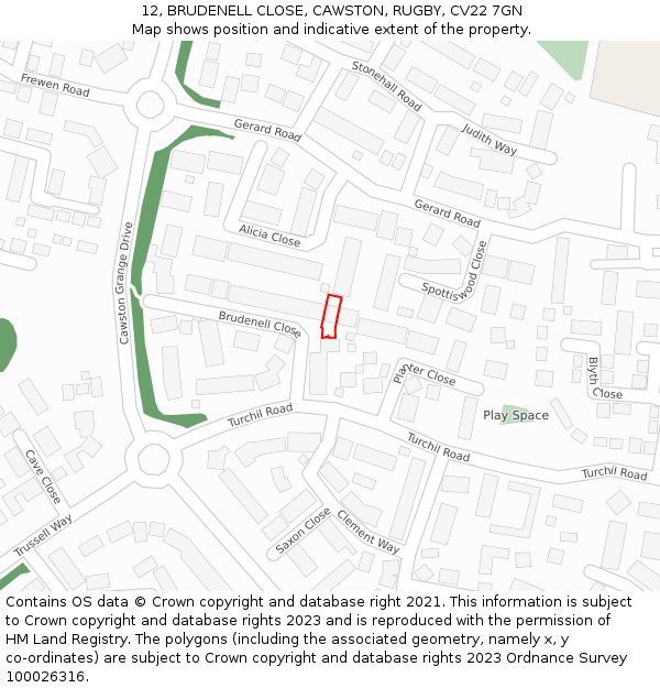12, BRUDENELL CLOSE, CAWSTON, RUGBY, CV22 7GN: Location map and indicative extent of plot