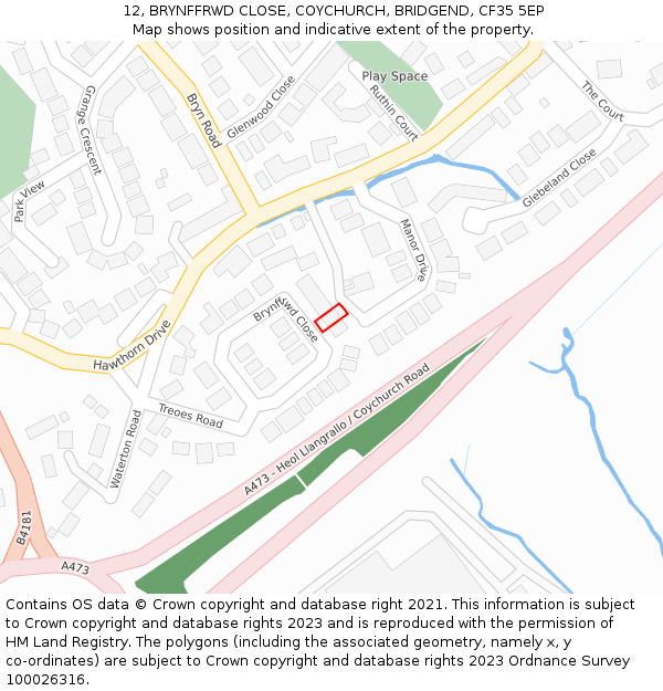 12, BRYNFFRWD CLOSE, COYCHURCH, BRIDGEND, CF35 5EP: Location map and indicative extent of plot