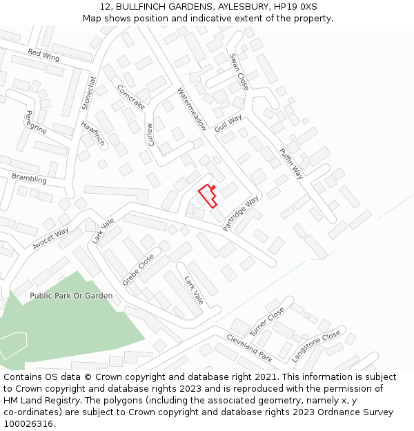 12, BULLFINCH GARDENS, AYLESBURY, HP19 0XS: Location map and indicative extent of plot
