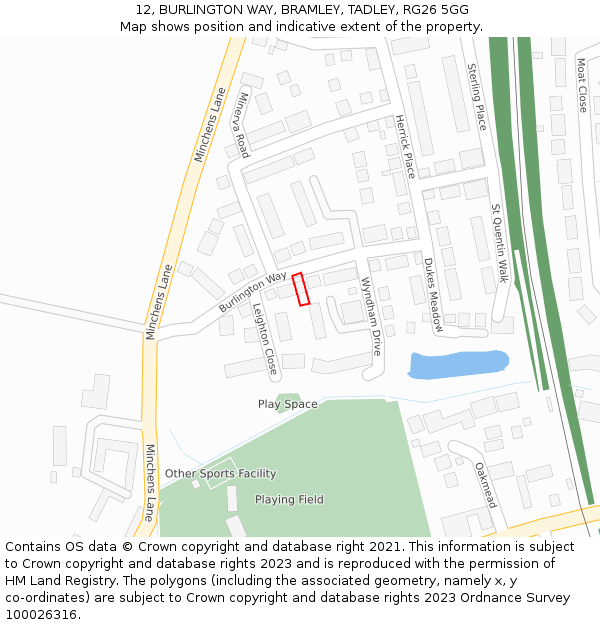 12, BURLINGTON WAY, BRAMLEY, TADLEY, RG26 5GG: Location map and indicative extent of plot
