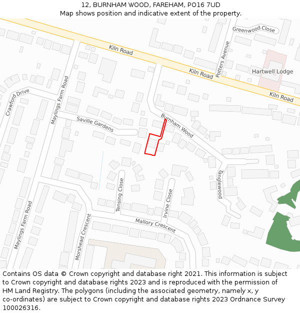 12, BURNHAM WOOD, FAREHAM, PO16 7UD: Location map and indicative extent of plot