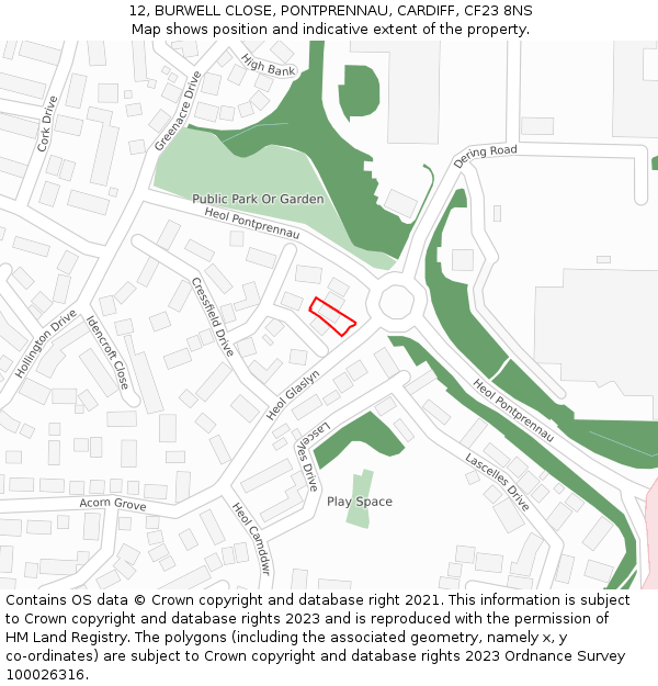 12, BURWELL CLOSE, PONTPRENNAU, CARDIFF, CF23 8NS: Location map and indicative extent of plot