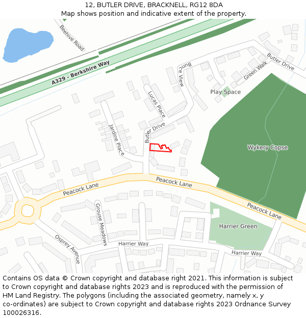 12, BUTLER DRIVE, BRACKNELL, RG12 8DA: Location map and indicative extent of plot