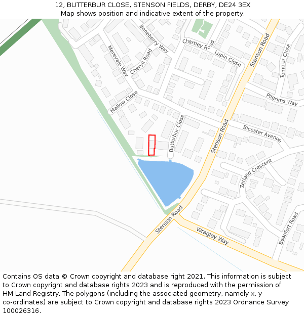 12, BUTTERBUR CLOSE, STENSON FIELDS, DERBY, DE24 3EX: Location map and indicative extent of plot