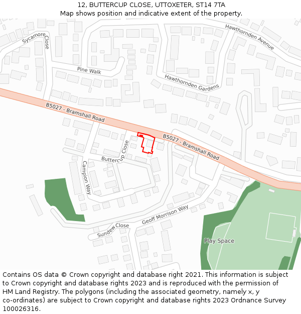12, BUTTERCUP CLOSE, UTTOXETER, ST14 7TA: Location map and indicative extent of plot