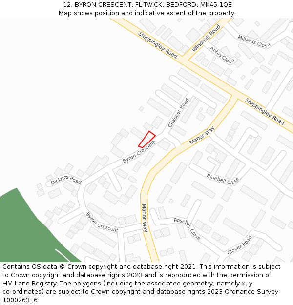 12, BYRON CRESCENT, FLITWICK, BEDFORD, MK45 1QE: Location map and indicative extent of plot