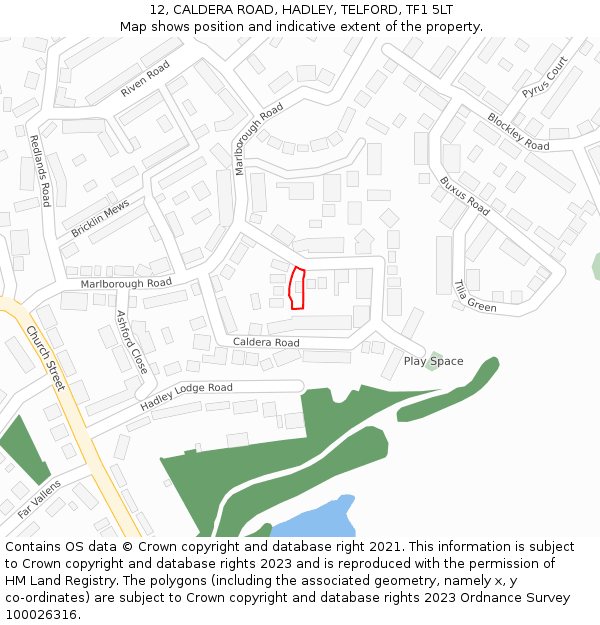 12, CALDERA ROAD, HADLEY, TELFORD, TF1 5LT: Location map and indicative extent of plot
