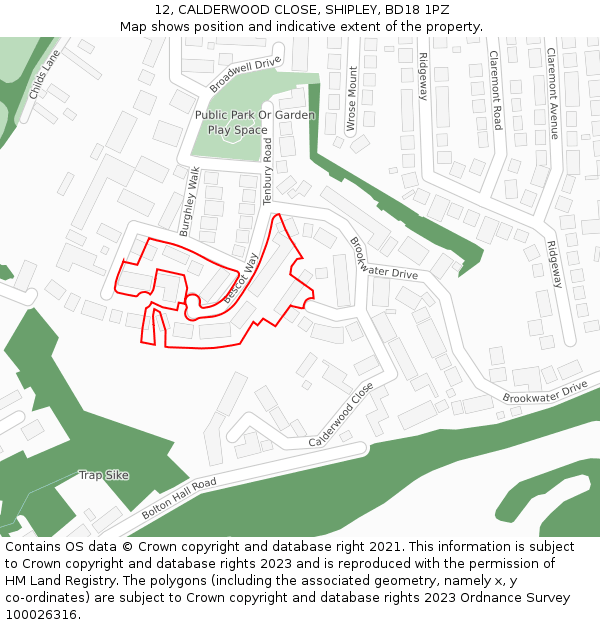 12, CALDERWOOD CLOSE, SHIPLEY, BD18 1PZ: Location map and indicative extent of plot