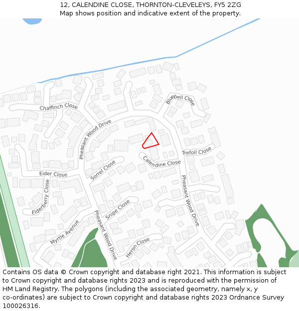 12, CALENDINE CLOSE, THORNTON-CLEVELEYS, FY5 2ZG: Location map and indicative extent of plot